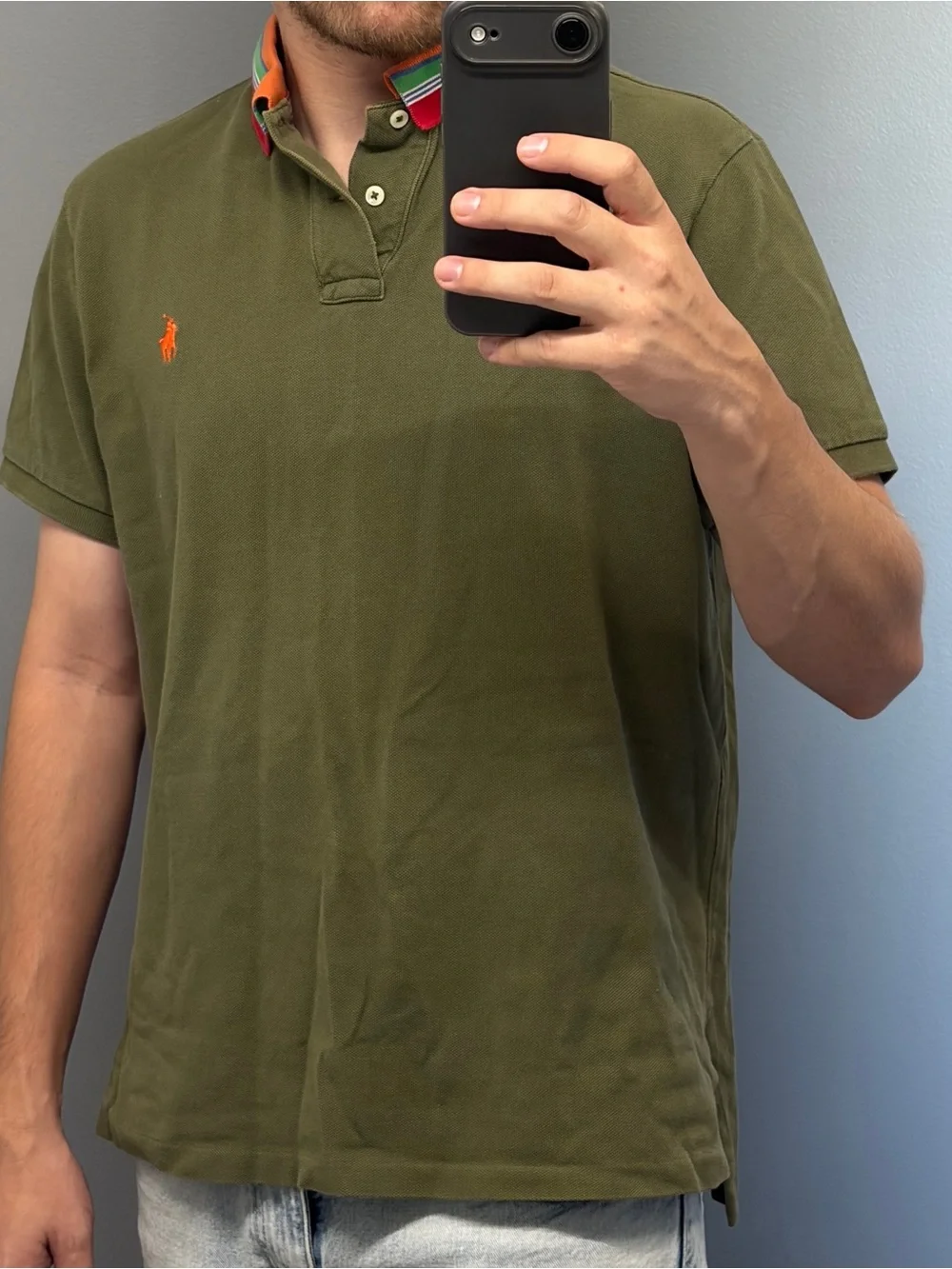 Polo by Ralph Lauren Olive Polo with Orange & Multicolor Stripe Collar